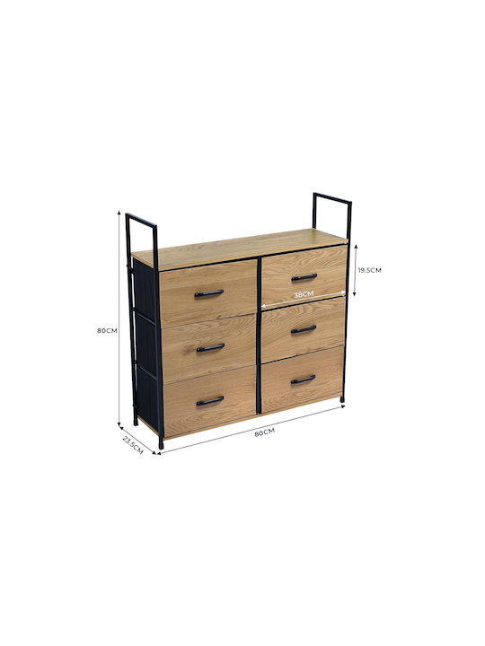 Kommode für Schlafzimmer aus Holz & Metall mit 6 Schubladen Eiche Schwarz mit Stoffüberzug 80,1x23,5x80cm