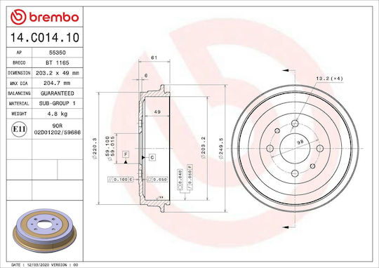 Спирачен барабан за Citroen Nemo, Aa Body Brembo 14c01410