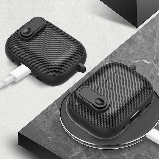 1 Carbon Fiber Texture Wireless Case Silicone / Plastic with Hook in Black color for Apple AirPods 1 / AirPods 2