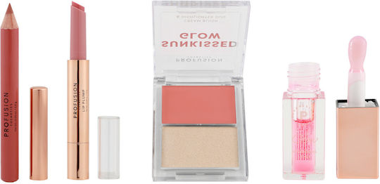 Set Machiaj Față Buze Luciu de Buze Duo Blush Highlighter Paletă Ulei de Buze Creion Pink Glow Profusion 4 Bucăți