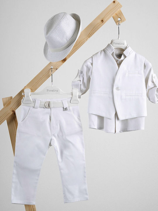 Piccolino Baptism Suit With Vest For Boy Linen Luciano White