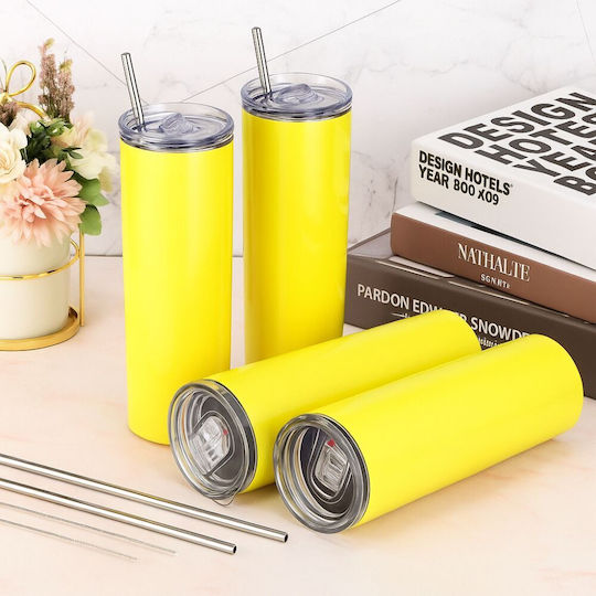 Smile Avatar Distorted Neon Yellow Travel Thermos with Metal Straw Stainless Steel 304 Food Grade