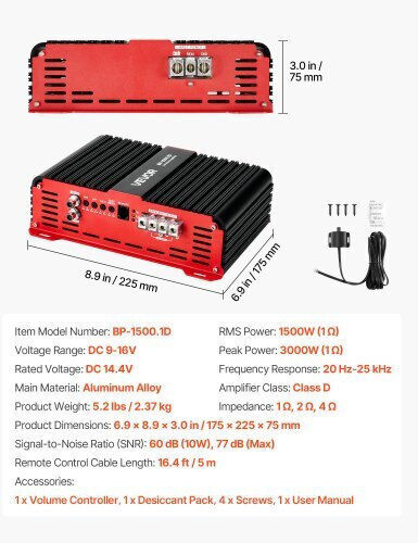 Vevor Car Audio Amplifier 1 Channel Class D