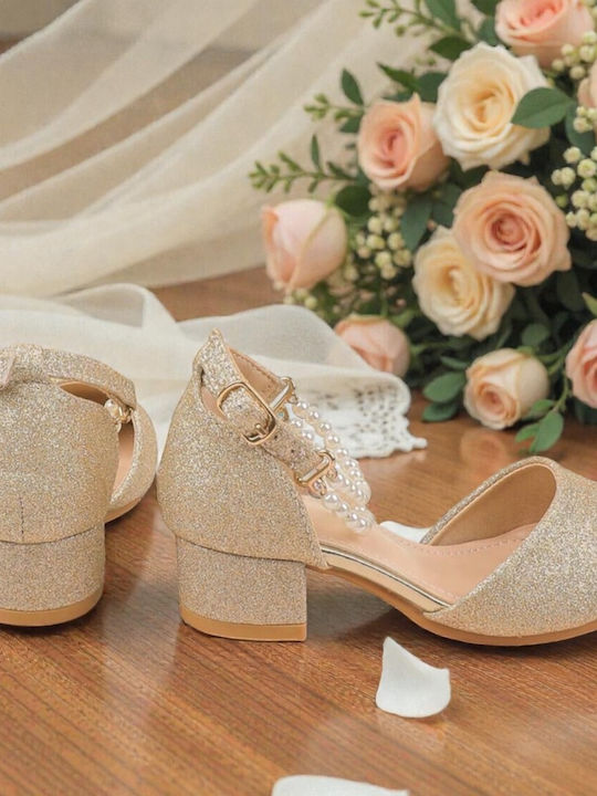 Kids Leather Ballerinas with Adjustable Metal Clasp Gold