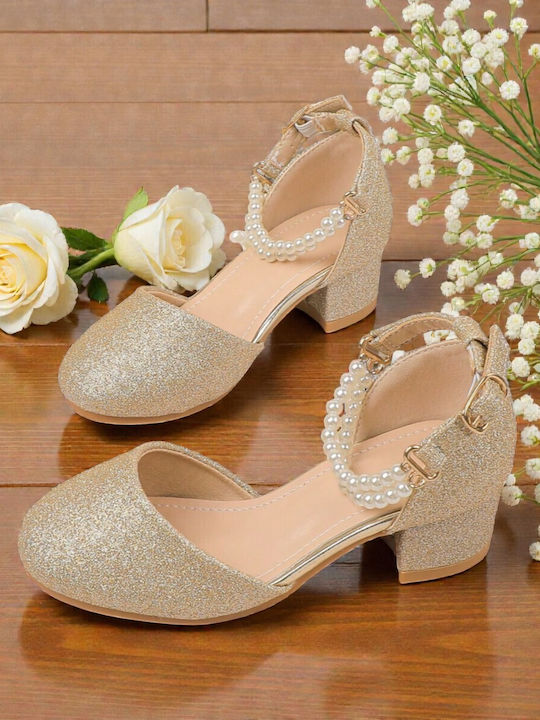 Kids Leather Ballerinas with Adjustable Metal Clasp Gold