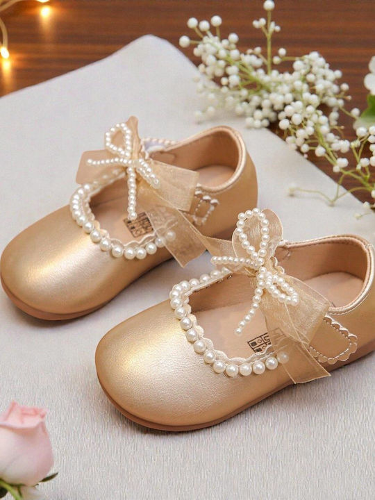 Kids Leather Ballerinas with Hoop & Loop Closure Gold