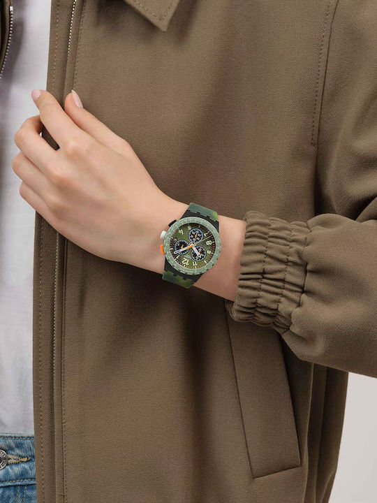 Swatch Unisex Men's Watch Chronograph Battery with Green Rubber Strap