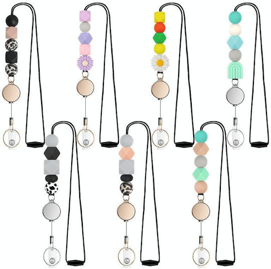 Silicone Beaded ID Badge Retractable Lanyard 2 Card Holders Teacher Nurse Student Style Rainbow