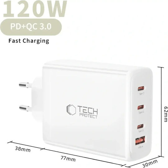 Tech-Protect Φορτιστής Χωρίς Καλώδιο GaN με Θύρα USB-A και 3 Θύρες USB-C 120W Power Delivery / Quick Charge 3.0 Λευκός (NC120W-GAN)