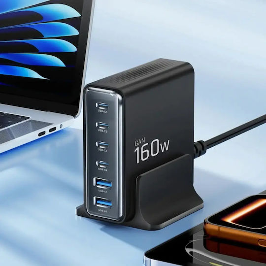 Tech-Protect Ladestation GaN mit 2 USB-A Anschlüsse und 4 USB-C Anschlüsse 160W Stromlieferung / Schnellaufladung 3.0 in Schwarz Farbe (DC160W-GAN)