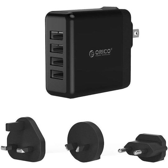 Orico Încărcător cu Cablu Integrat cu 4 Porturi USB-A 34W Negruς (DSP-4U-BK-PRO)