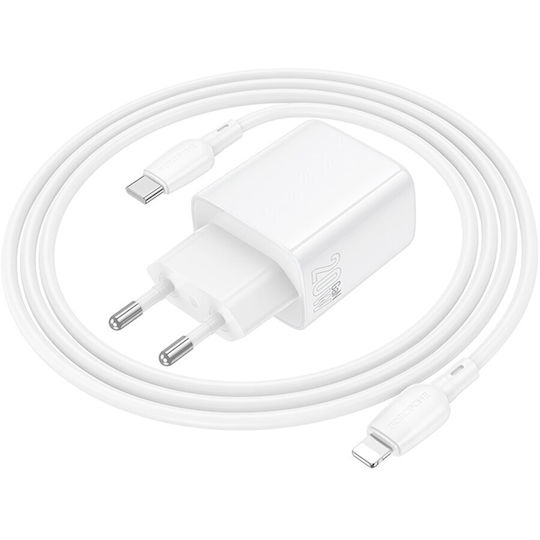 Borofone Charger with USB-A Port and USB-C Port and Cable USB-C - Lightning 20W Power Delivery / Quick Charge 3.0 Whites (BN27)