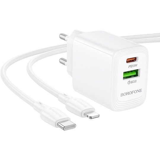 Borofone Charger with USB-A Port and USB-C Port and Cable USB-C - Lightning 20W Power Delivery / Quick Charge 3.0 Whites (BN27)
