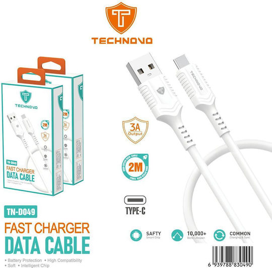Technovo USB 2.0 Cable USB-C male - USB-A Λευκό 2m 0030481