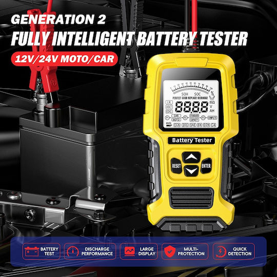 Foxsur Fbt-300 Tester Inteligent de Baterii 12v/24v Mașini Motociclete Ecran Lcd 2.7" Compatibil Vrla Gel Agm Efb Std Baterii Galben Negru