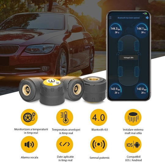 Sistem Monitorizare Presiune Anvelope Ble Tpms Bluetooth 4.0 Ios Android Senzori Externi Set 4 Bucăți