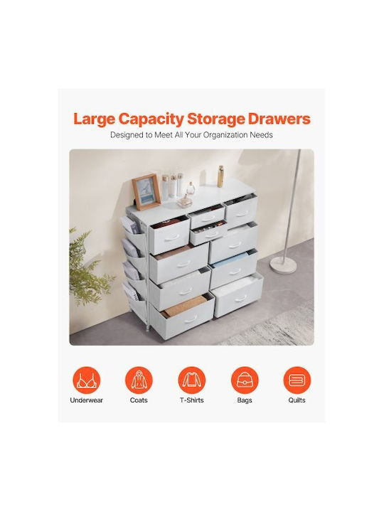 Metallic Chest of Drawers with 10 Drawers White with Fabric Coating 100x30x97.5cm