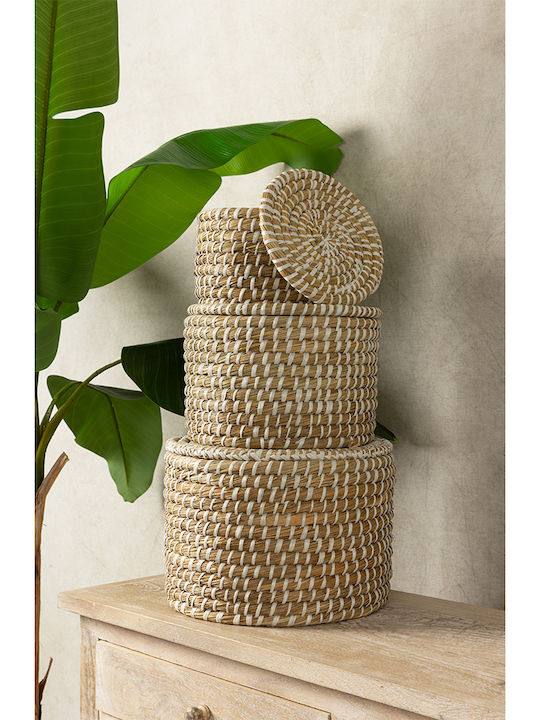 Liberta Set of Decorative Baskets Straw with Lid & Handles Ecru 3pcs