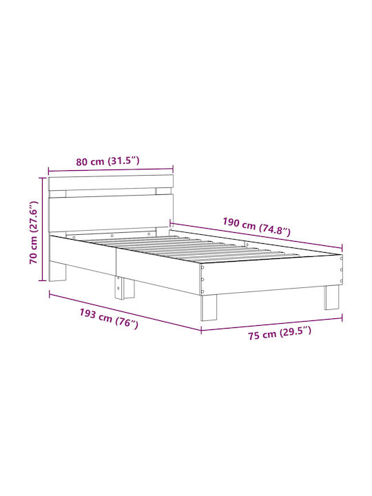 Pat Single Din Lemn Stejar Negru Cu Plăci Pentru Saltea 75x190cm