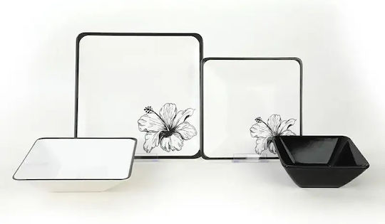 Square Dinnerware Set Keraart Lotus Black and White 24 Pieces 25x25cm