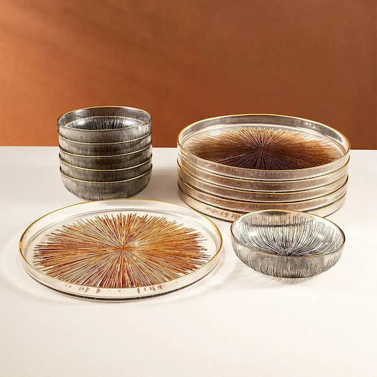 Geschirrset 12 Stück Glas Set mit Goldenen Details 28x28cm