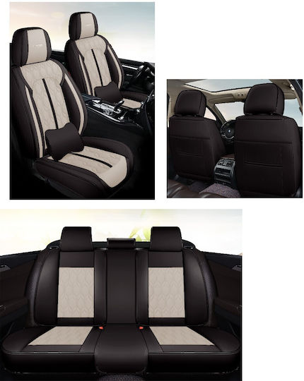 Huse Scaune Auto Premium 5 Locuri Carguard Deluxe Piele Eco Perforată Negru Crem