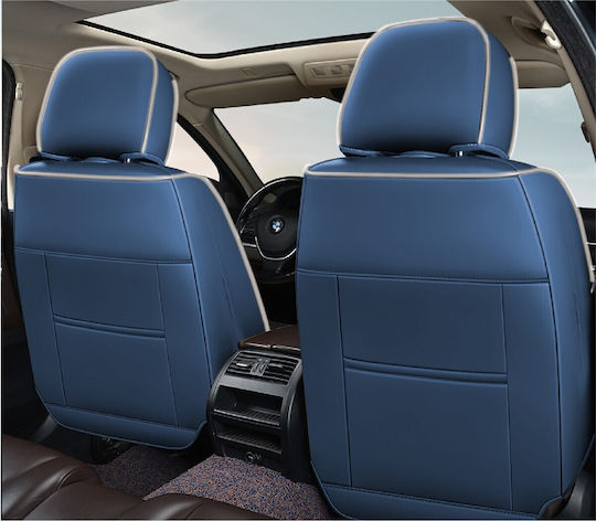Huse Scaune Auto Premium 5 Locuri Carguard Deluxe Perforate Eco Piele Textil Albastru Alb