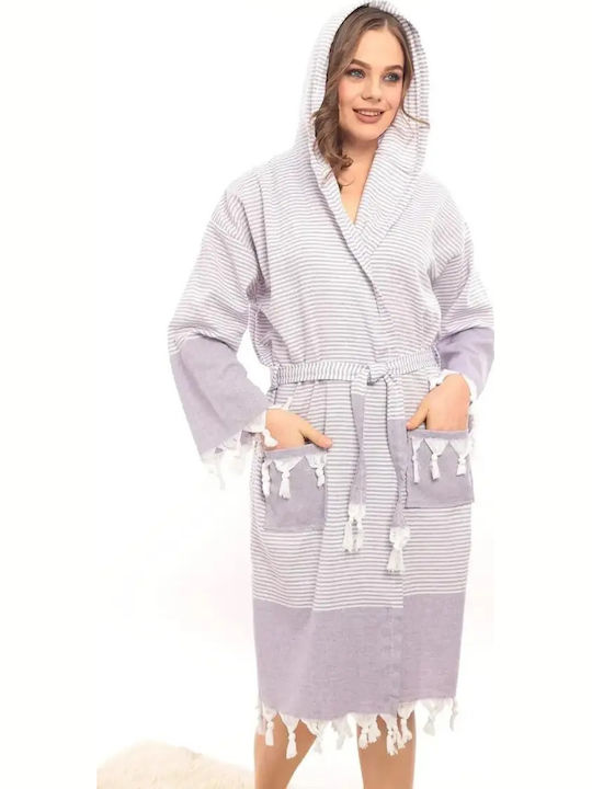 Дамски Халат с Качулка Лилав 100% Памучен Хамам L XL
