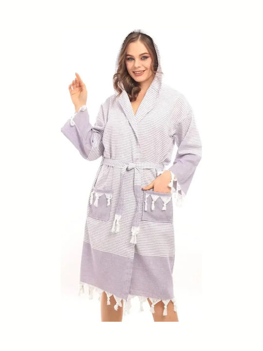 Дамски Халат с Качулка Лилав 100% Памучен Хамам L XL