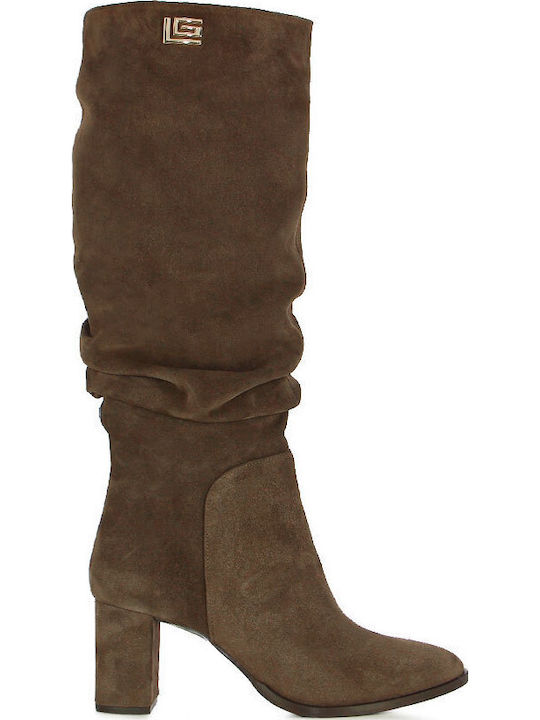 Leder Damenstiefel mit mittlerem Absatz Braun