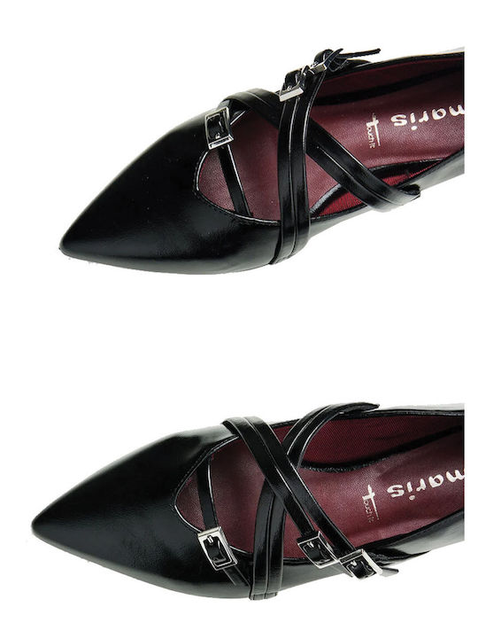 Synthetic Leather Pointy Ballerinas With strap Black