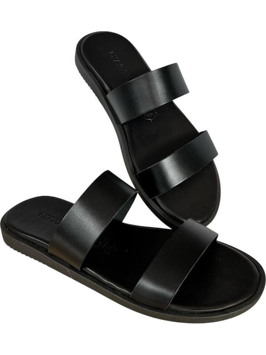 Leather Women's Flat Sandals in Black Color