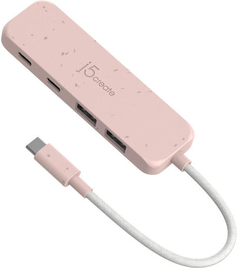 J5create USB Хъб 4 Порта USB 3.0 с USB-C Връзка Розов