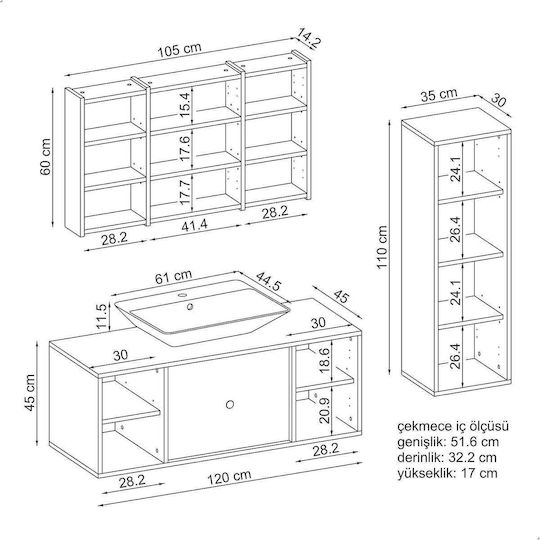 Комплект Шкаф За Баня С Мивка 3 Бр Дъб 120x45x45см