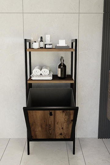 Metal Laundry Basket Bathroom Shelf Walnut 40x31x97cm