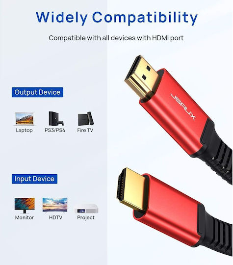 Hdmi Кабел Jsaux *0469087 8865-14 4k Hdmi 2.0 До 18 Gbps Uhd 4k@60hz 3 Метра Плосък Червен