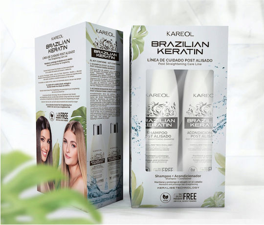 Kareol Set De Tratamente Cu Keratină Braziliană Pentru Îndreptare Pentru Păr Deteriorat Cu Șampon Și Balsam 2 Bucăți