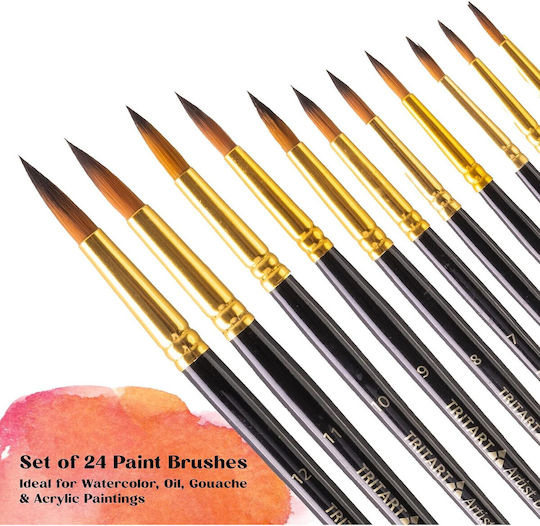 Set 24 Pensule De Pictură Tritart Vârfuri Fine Păr Sintetic Perii Acuarelă Acrilic Ulei Negru