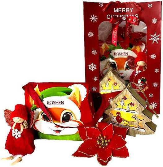 Pachet De Crăciun Geantă Cutie Dulciuri Roshen Figurină Luminoasă Din Lemn În Formă De Brad De Crăciun Înger De Plus Floare Decorativă În Cutie Cadou Roșie