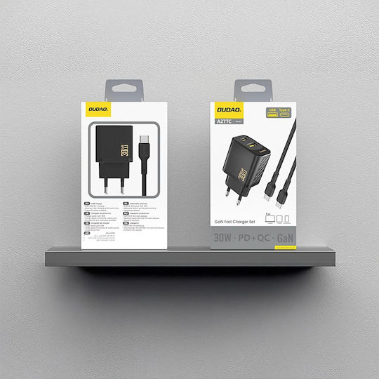 Dudao Φορτιστής GaN με Θύρα USB-A και Θύρα USB-C και Καλώδιο USB-C - USB-C 30W Power Delivery Μαύρος (A27TCEU)