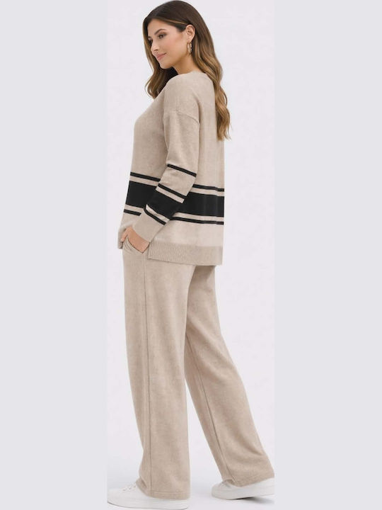 Damen Beige Set mit Hose mit Gummizug Gestreift