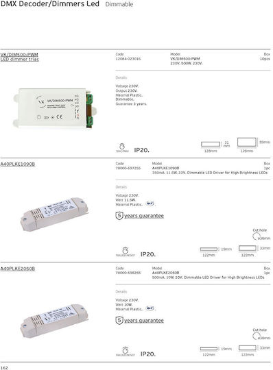 VK Lighting Dimmable Τροφοδοτικό LED IP20 Ισχύος 10W με Τάση Εξόδου 20V