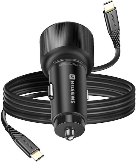 Swissten 45W PD USB-C 18W QC USB 3.0 Автомобилно Зарядно Устройство USB-C Кабел Черен