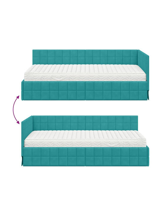 Single Bed Upholstered with Velvet Turquoise Velvet with Slats and Mattress 100x200cm