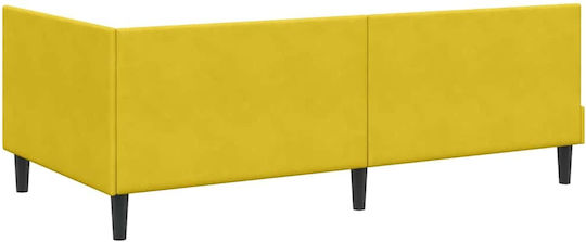 Pat Single Tapitat cu Catifea Galbenă cu Plăci și Saltea 80x200cm