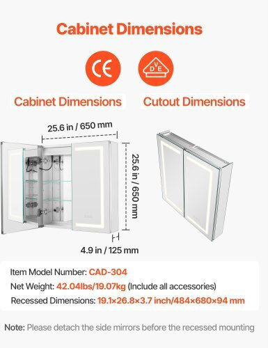 Vevor Vevor LED-JXJJ6565C7X6FW001V2 Quadratischer Badezimmerspiegel mit Schrank 65x65cm Schwarzes