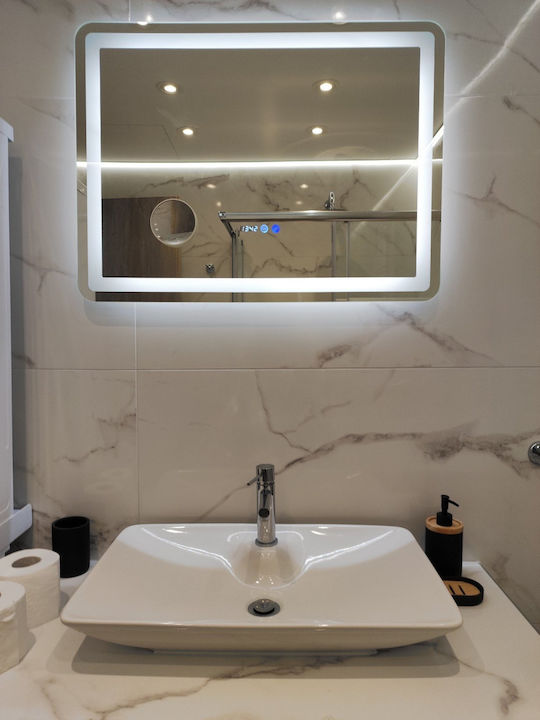 Lightex Mărire Oglindă de Baie Dreptunghiulară Lumini LED Atingere 80x60cm Transparent