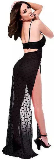 Μαύρο Ανοιχτό Φόρεμα Καρδιές & Στρινγκ Baci Lingerie Mesh Gown & G-string Set Black 2pcs