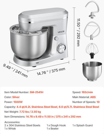 Vevor Stand Mixer 1500W with Stainless Mixing Bowl 7lt