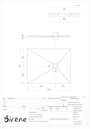 Sirene Γρανίτης Ντουζιέρα 100x80cm Γκρι